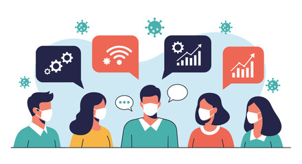 People wearing masks discussing business and technology during a pandemic.