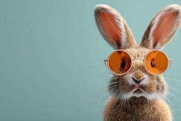 Cute bunny rabbit wearing orange round sunglasses on a teal background