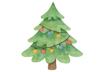 Watercolor christmas tree displaying holiday ornaments, creating a festive winter decoration, isolated with transparent background
