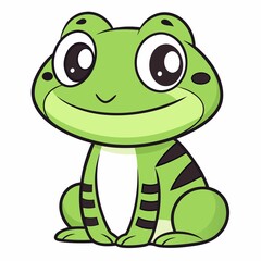 Cartoon Green Frog with Big Eyes Smiling Adorably and Sitting Calmly, Ready to Hop into a Whimsical Adventure