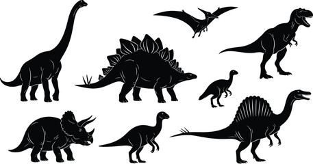 Dinosaur silhouettes, prehistoric creatures, black and blue outlines, extinct species, Jurassic era, educational illustration, fossil animals, ancient wildlife, vector art