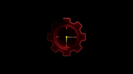 Red neon gear clock icon with yellow hands on black background time symbol
