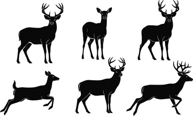 Deer silhouette, wildlife illustration, animal pose, forest creature, antlered deer, nature art, running deer, black shape, vector animal, motion study
