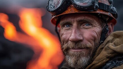 Fototapeta premium A veteran industrial worker in a helmet with a warm glow.