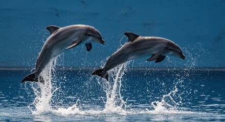 Fototapeta premium Two dolphins leap from the water creating a splash
