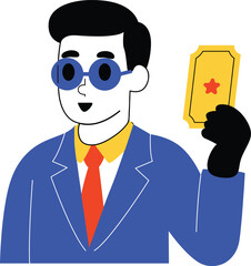 Man in blue suit yellow shirt and red tie holds a yellow ticket