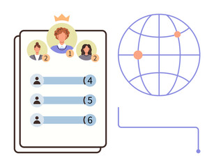 Leaderboard showing ranked users with profiles and crown marking the leader alongside a globe linking points. Ideal for competition, ranking, networking, global reach, social connections