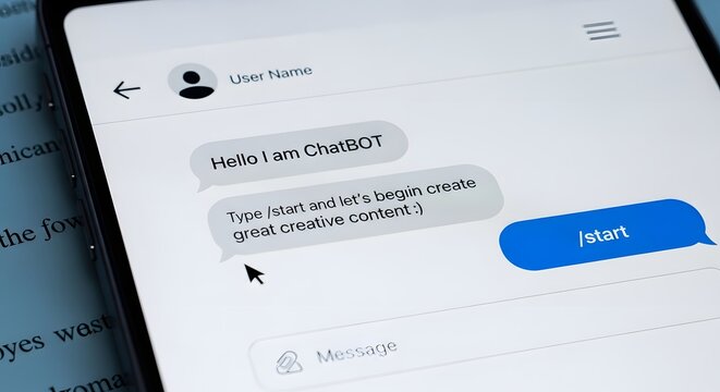 A smartphone displaying a chat interface with a chatbot and a start command message bubble