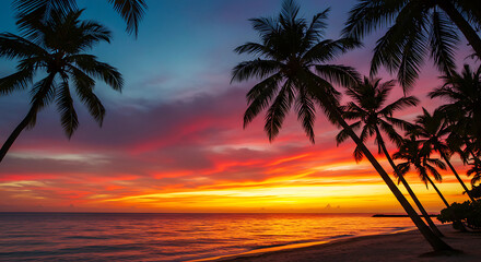 Tropical Sunset Over the Ocean with Palm Trees