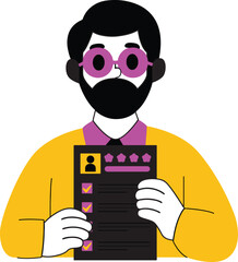 Man in yellow shirt holding a resume with purple glasses