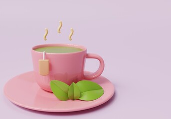 Pink Teacup with Green Tea and Tea Bag with purple background
