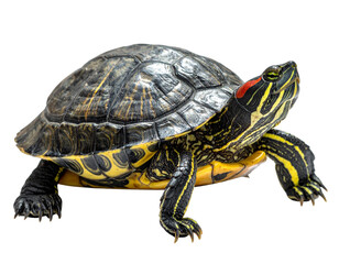 Fototapeta premium Red Eared Slider Turtle Crawling Against Black Background