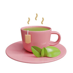 Pink Teacup with Green Tea and Tea Bag