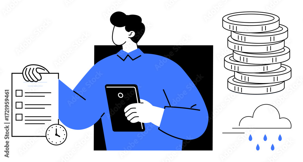 Aufkleber man with tablet holds tasks checklist while a clock, coin stacks, and raining cloud symbolize time, 