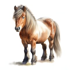 Obraz premium A digital painting shows a Haflinger pony standing in profile view against a white background, displaying its coat, mane, and tail.