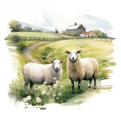 Obraz premium The watercolor-style illustration shows two white sheep standing in a grassy field near a farmhouse and a winding road, with a backdrop of rolling green hills.
