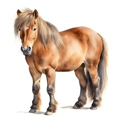 Obraz premium The illustration shows a chestnut horse standing on a white background, viewed from the side, with its mane and tail flowing down to the ground.