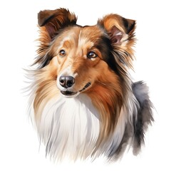 Fototapeta premium The illustration shows a Shetland Sheepdog, its fur depicted in shades of brown, white, and black using watercolor techniques.
