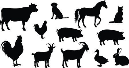 Farm animals silhouette, cow, dog, horse, cat, pig, goat, chicken, duck, rabbit, black icons, livestock, pet vector, agriculture, rural, domestic animals, barnyard, animal set, graphic illustration