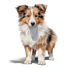 The illustration shows a young Shetland Sheepdog with a tri-color coat, standing and facing the viewer.