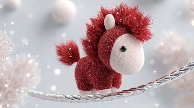 Red Horse in a Snowy Landscape: A captivating image of a fluffy red horse balancing gracefully on a silver tightrope, against a serene winter scene with snowflakes.