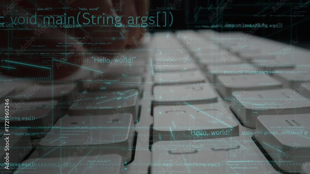 Poster detailed close-up of hands actively typing on a keyboard, surrounded by lines of code, symbolizing t