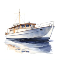 Naklejka premium The illustration shows a vintage-style motor yacht floating on a calm body of water, depicted in watercolor style.