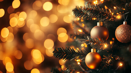 Christmas tree with golden baubles and blurred festive light background