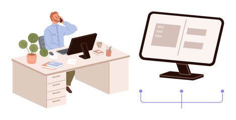 Professional sitting at desk, engaged in phone call beside a monitor showcasing a clean interface structure. Ideal for remote work, technology, productivity, software design, business communication
