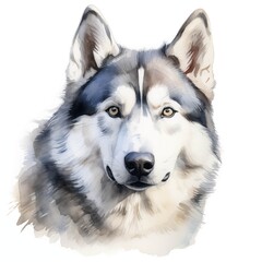 The illustration shows a husky's head and shoulders, rendered in shades of gray, white, and brown using a watercolor technique.