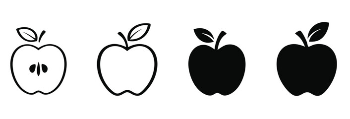 Vector art of apple icon evolution from detailed outline to solid silhouette on white background 
