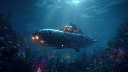 Submarine Exploration - Deep Sea Vessel Navigating Through Coral Reefs in Blue Waters.