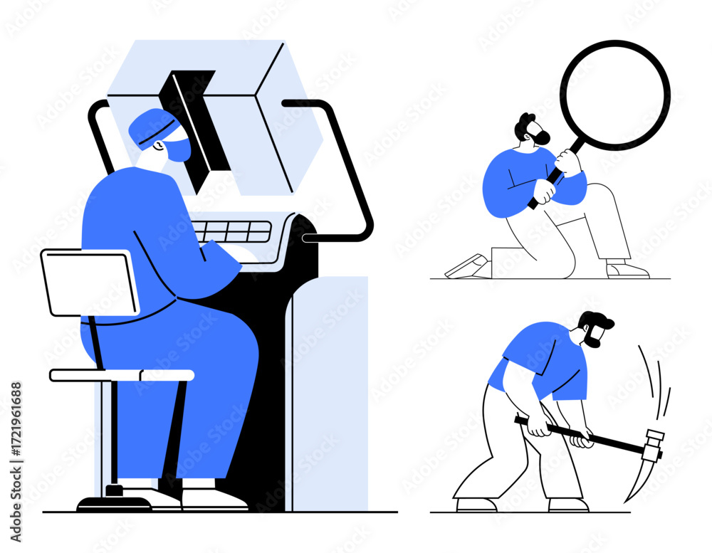 Poster worker at a computer, analyzing information with magnifier, and manual labor using pickaxe. ideal fo