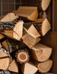 Stacked firewood, various cuts and sizes