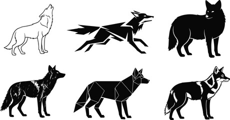 Stylized wolf illustrations — six artistic designs featuring realistic sketch, polygonal, silhouette, semi-realistic, geometric, and graphic fur styles
