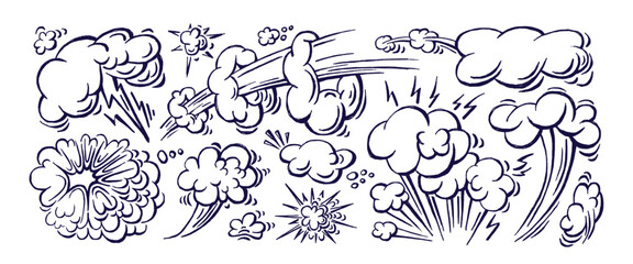 Set of comics bombs, explosions. Pencil, chalk set