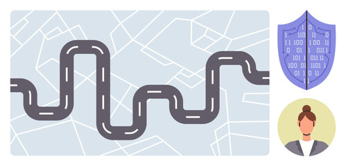 Curved road over city map next to a digital shield and a woman s profile portrait. Ideal for cybersecurity, navigation, safety, mapping, personal identity, journey, and career pathways. Simple flat