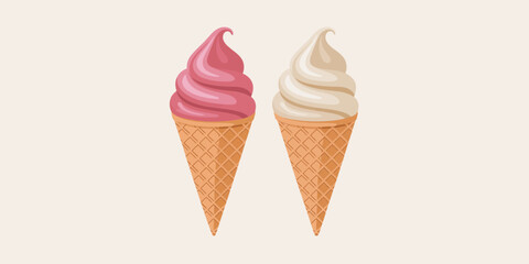  Two soft-serve ice cream cones—pink and white swirls in waffle cones on beige background, perfect for dessert, summer, or food design themes