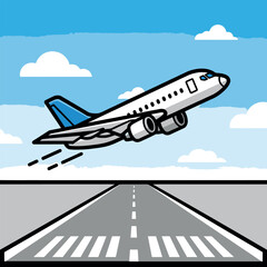 Bright and cheerful cartoon illustration of a passenger jet aircraft launching into the sky from an airport tarmac, representing freedom of air travel, adventure, and modern transportation