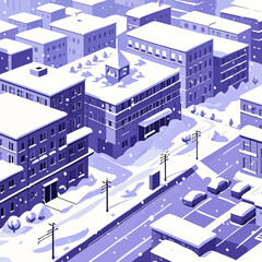 Isometric illustration of an urban city landscape blanketed in fresh white snow during winter, with purple buildings and parked cars.