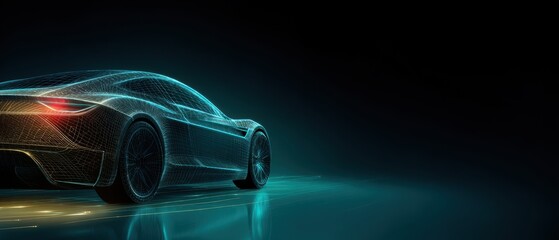 The futuristic wireframe car illuminated in a dark digital environment