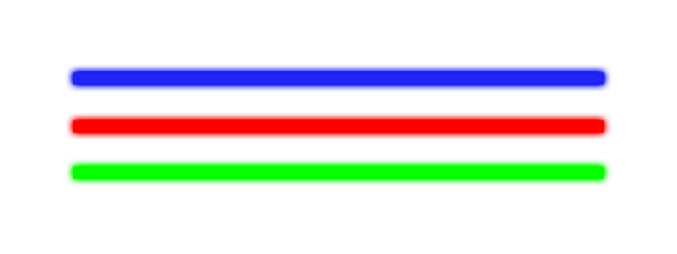 Three horizontal glowing lines in blue red and green isolated on transparent background