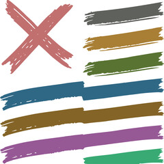 Obraz premium Colorful brush stroke set with bold textured lines and red cross mark. Artistic paint elements in modern abstract style for design projects. Perfect for backgrounds, highlights, and creative graphics