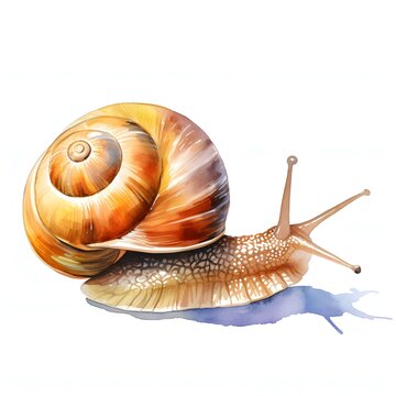 The illustration depicts a snail with a spiral shell and detailed body texture, rendered in watercolor paint against a white background.