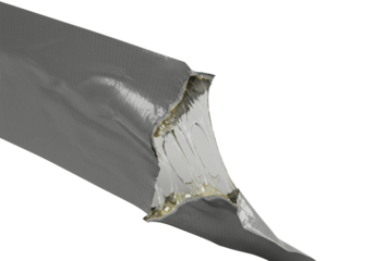 Torn grey duct tape peeled back, showing rough texture and glistening, gooey, stretching adhesive on a transparent background, concept of product adhesion