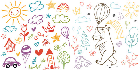 Colorful doodle illustration with sun, rainbow, flowers, trees, and bear holding balloon. Hand-drawn sketch style shows fun, joy, and creativity. Perfect for kids background, art, and playful projects