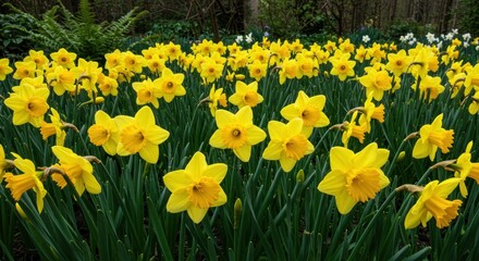 Obraz premium A field of bright yellow daffodils in green grass