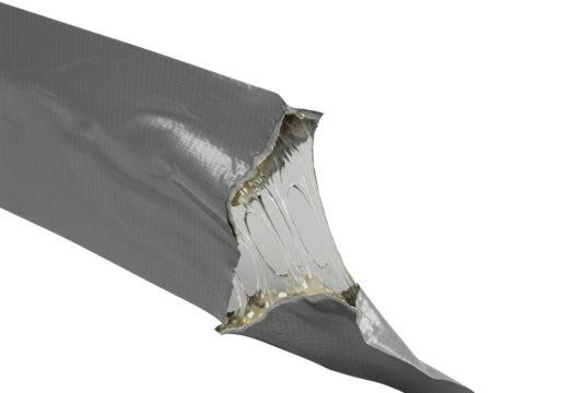 Torn grey duct tape peeled back, showing rough texture and glistening, gooey, stretching adhesive on a transparent background, concept of product adhesion