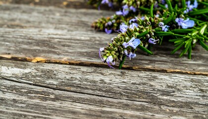 Fresh rosemary sprigs on weathered wood