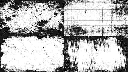 Black Grunge Dust Texture with Scratches on White Background. Set of Four Vector Illustrations.